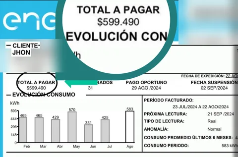 Factura Enel de agosto de 2024 a nombre de Jhon: total a pagar $599.490 y consumo de 583 kWh. Apellidos, dirección y cuenta difuminados.